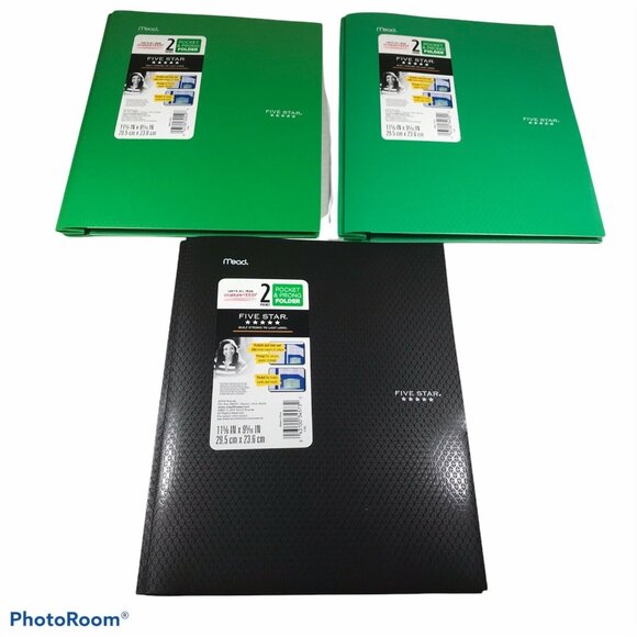 Lot Of 3 Mead Five Star Plastic 2 Pocket And Prong Folders 2 Green 1 Black New - Picture 1 of 4